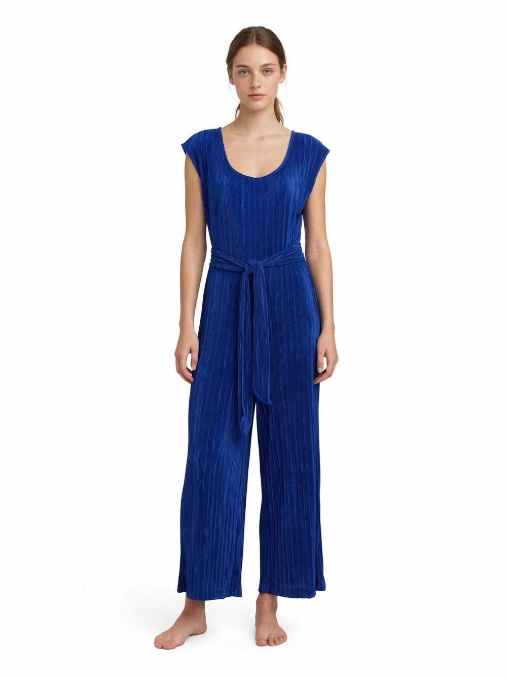Maeve by Anthropologie Blue Pleased Wide Leg Jumpsuit 2 Tie Waist Keyhole Cap Sl